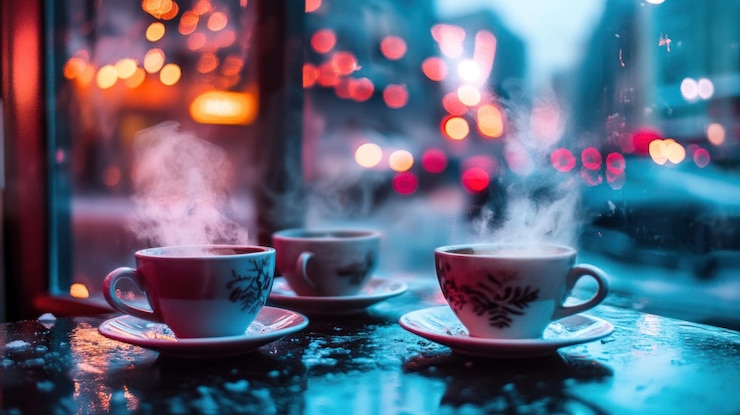 PSD três xícaras de café fumegantes em uma janela à noite com um fundo de cidade borrado