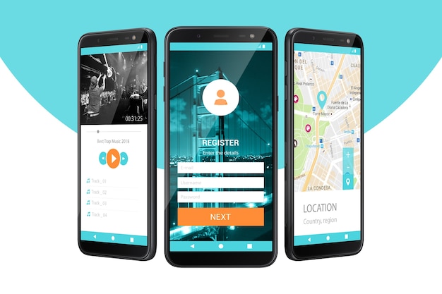 Tři realistické makety obrazovek telefonu