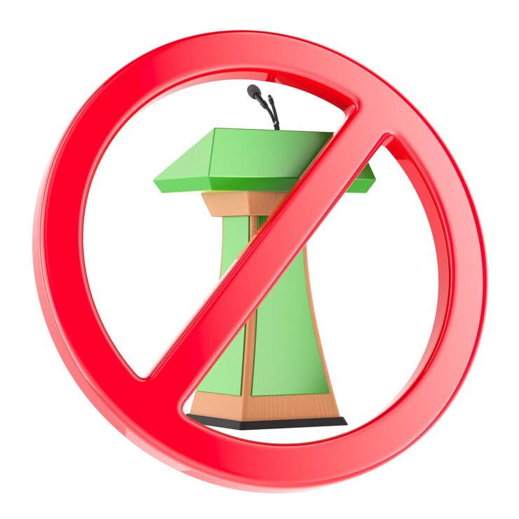 PSD tribune with microphone inside prohibition sign 3d rendering isolated on transparent background