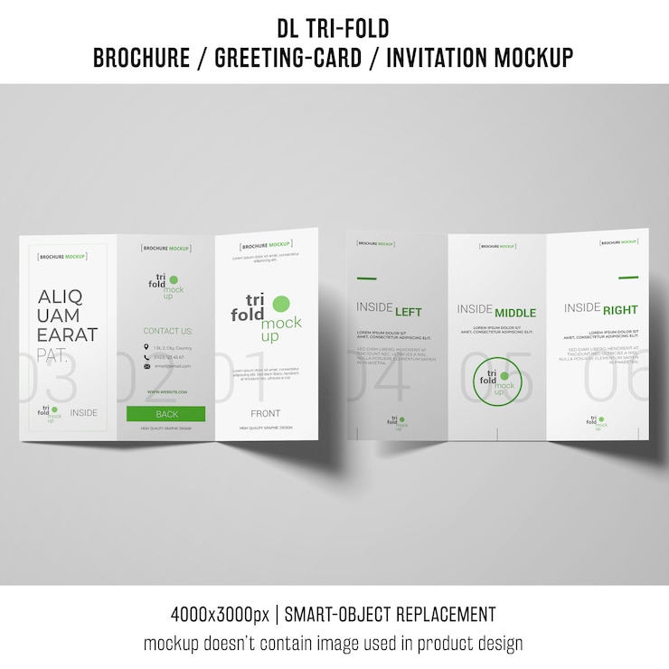 PSD trifold brochure or invitation mockup on gray background