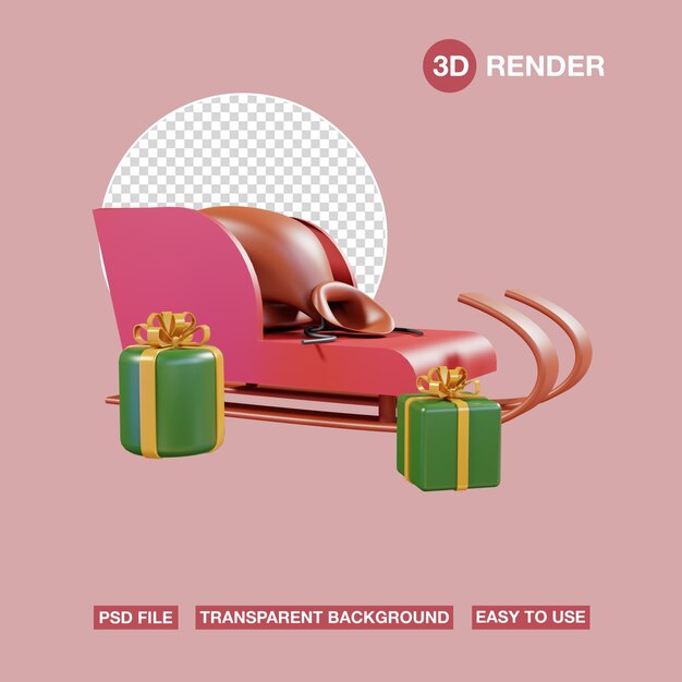 Trineo de icono 3d con saco de regalo de santa y caja de regalo verde