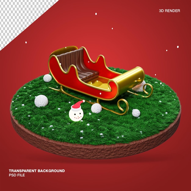 Trineo de navidad realista 3d con hierba y fondo rojo transparente aislado render Psd