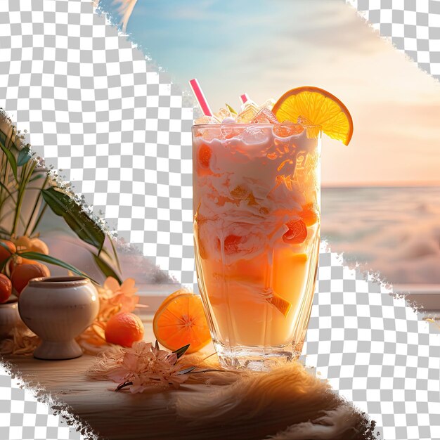 PSD trinken am strand bei sonnenaufgang im sommerlichen transparenten hintergrund