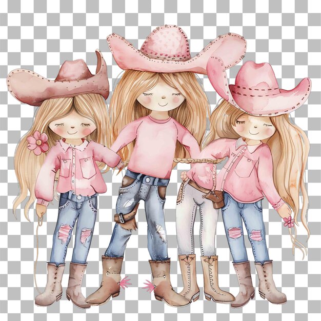 PSD trio de cowgirls vestindo camisa rosa e calças de ganga azuis aquarela