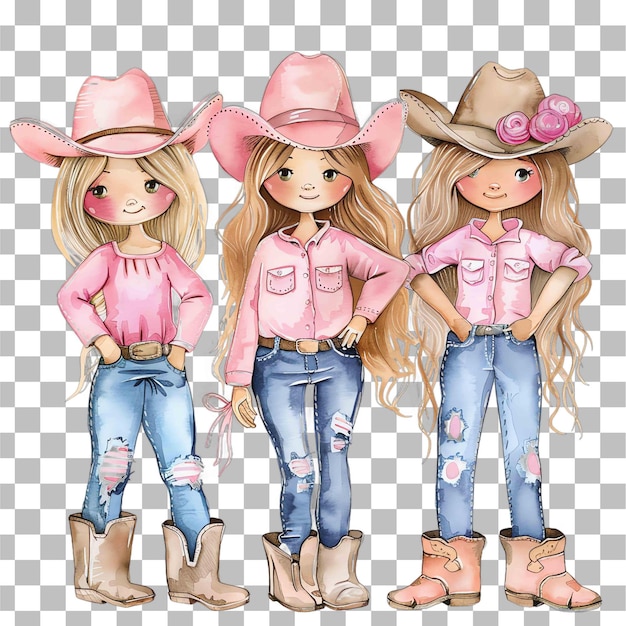 PSD trio de cowgirls vestindo camisa rosa e calças de ganga azuis aquarela