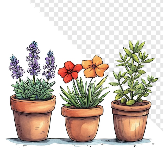 PSD trio de plantes en pot de style dessin animé illustré par un artiste adolescent