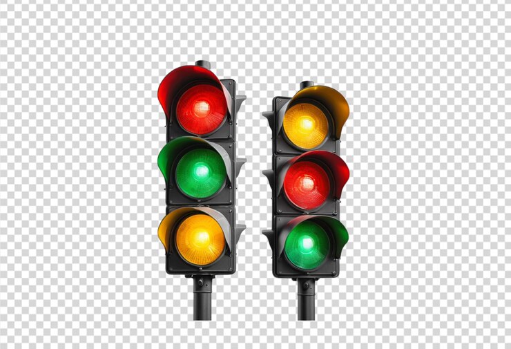 PSD trio de semáforos verticales que muestran señales rojas, amarillas y verdes