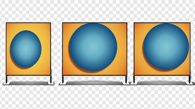 Tríptico de esferas azules fondos naranjas diseño minimalista formas geométricas arte abstracto