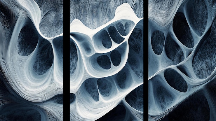 PSD un triptyque abstrait représentant des formes organiques tourbillonnantes dans des nuances de bleu et de blanc ressemblant à une grotte ou à une structure cellulaire