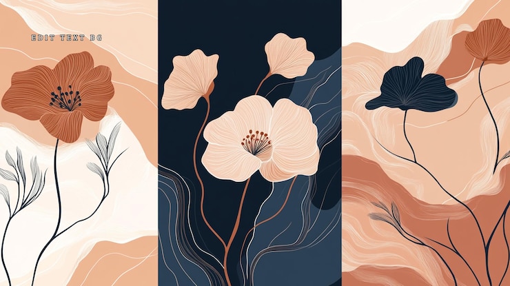 PSD triptyque floral abstrait avec des fleurs minimalistes et des lignes fluides dans des tons terreux