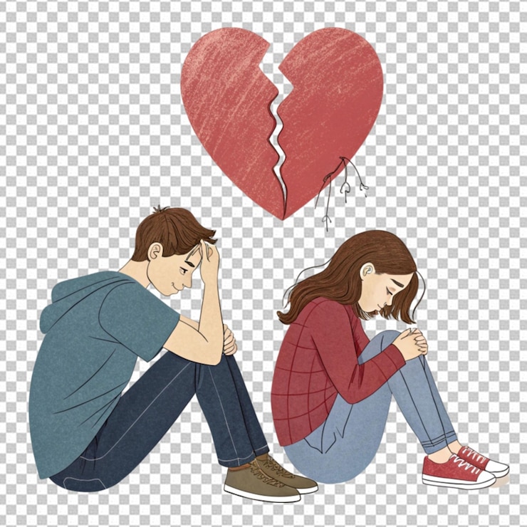 PSD triste hombre y mujer junto a un corazón rojo roto corazón roto