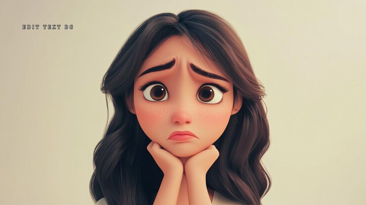 PSD triste ragazza dei cartoni animati con i capelli castani e gli occhi grandi le mani che sostengono il mento