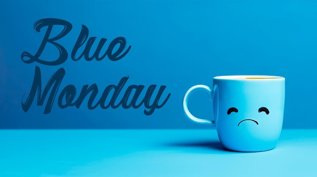 PSD tristeza lunes azul concepto con taza azul una cara triste con bufanda café sobre fondo azul