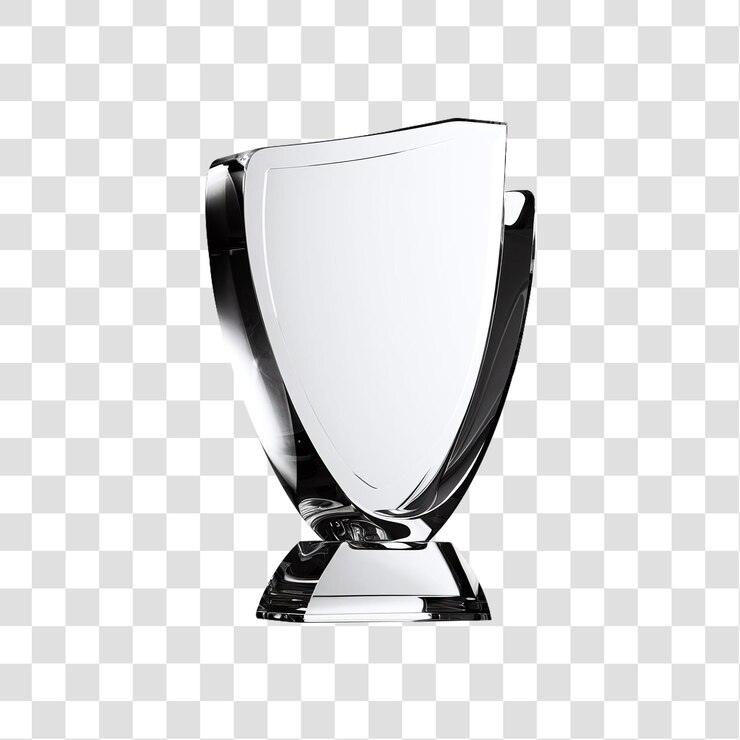 Un trofeo de acrílico de vidrio de forma curva y suave aislado sobre un fondo transparente