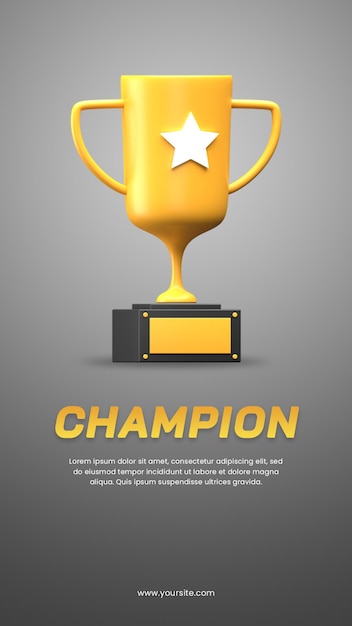 Trofeo de campeón de renderizado 3D con plantilla de diseño de historias de redes sociales de tema oscuro