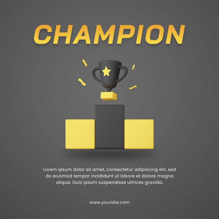PSD trofeo de campeón de renderizado 3d con plantilla de diseño de publicación de redes sociales de tema oscuro