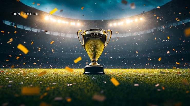 PSD trofeo d'oro su un campo da calcio con confetti e luci dello stadio