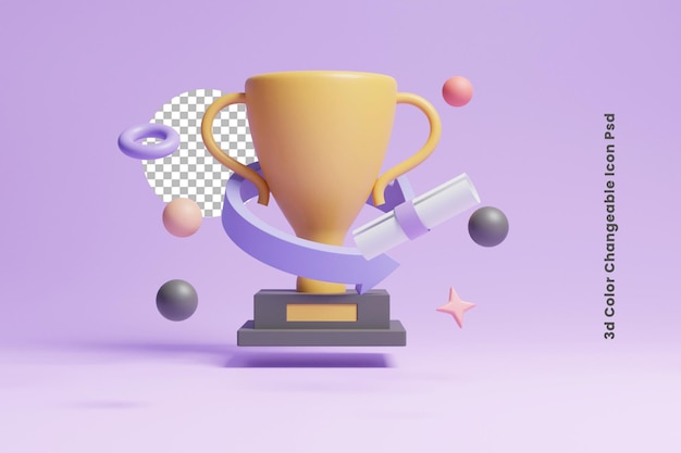 trofeo de ganador de oro icono 3d o trofeo de oro de éxito 3d con placa de identificación