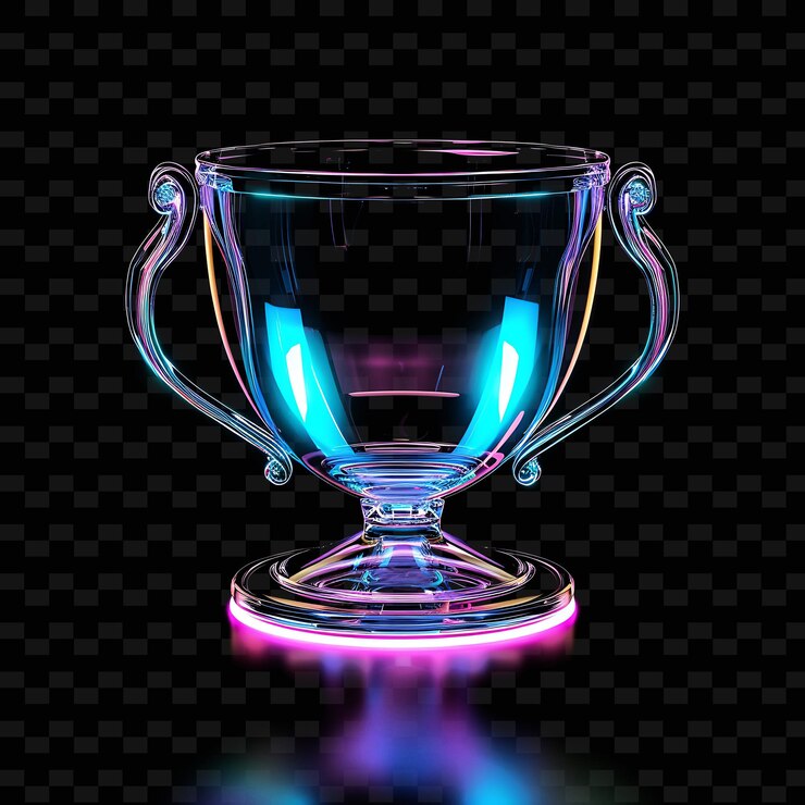 PSD un trofeo de vidrio con una base púrpura y azul y un fondo negro