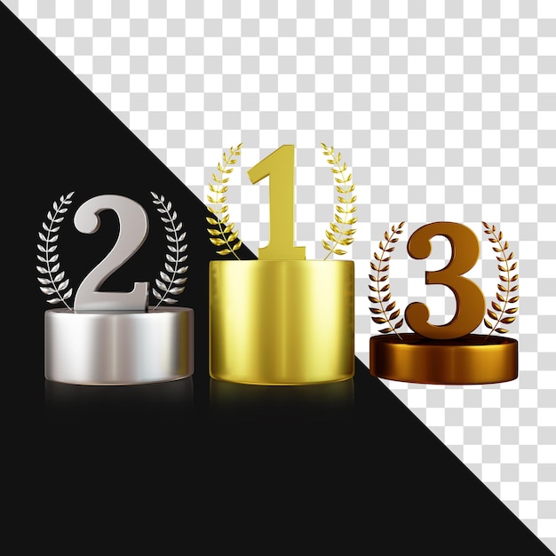 Troféu 3d top três com número um dois três e renderização em 3d de trigo