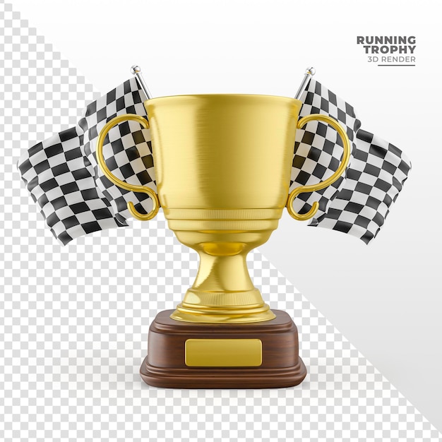 Troféu para campeonato de corrida com bandeira e ouro em 3d renderização realista