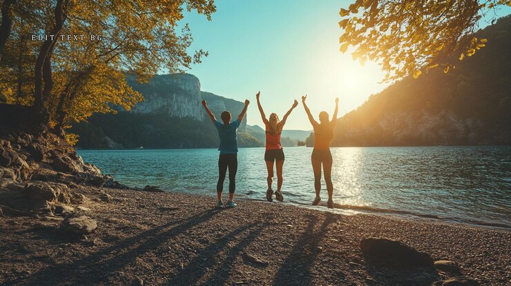 PSD trois amis célèbrent la victoire au bord d'un lac au coucher du soleil.