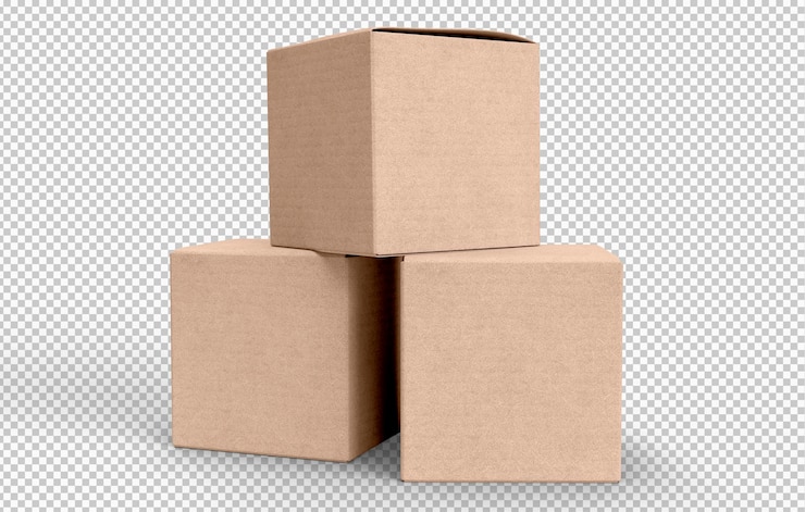 PSD trois boîtes en carton sur un fond transparent