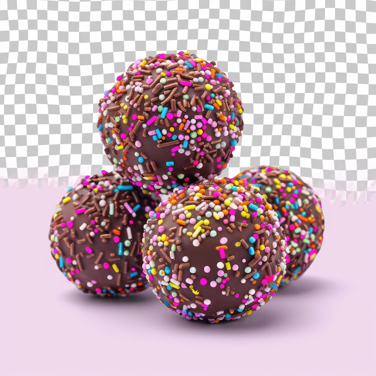 PSD trois boules de chocolat recouvertes de chocolat avec des éclaboussures sur un fond violet