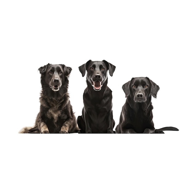 Trois chiens noirs assis ensemble sur un fond transparent Generative AI
