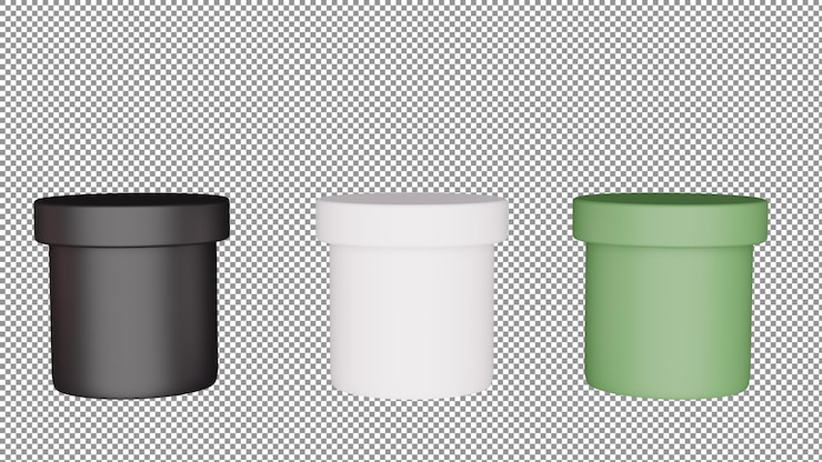 PSD trois conteneurs de différentes couleurs sont affichés sur un fond blanc