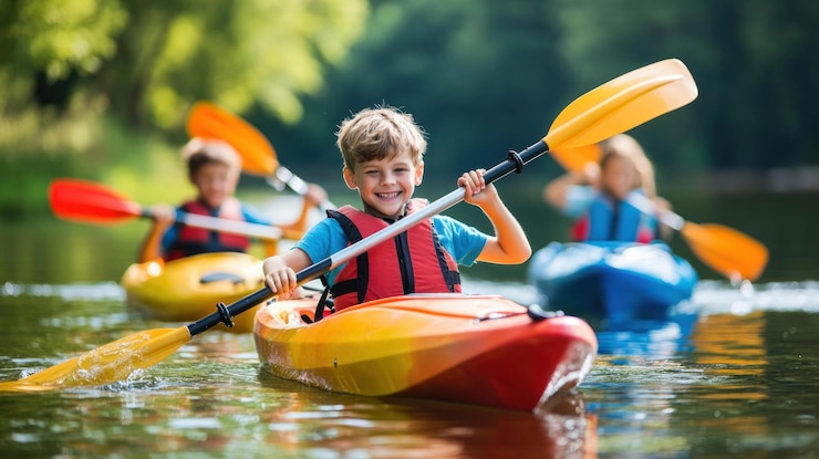 PSD trois enfants en kayak sur un lac avec des sourires sur leurs visages