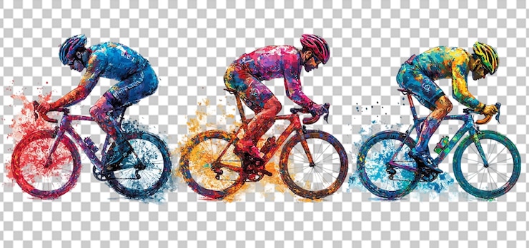 PSD trois ensembles d'hommes cyclistes dynamiques sur un fond transparent isolé