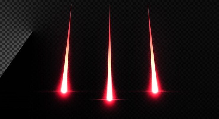 Trois faisceaux laser rouges brillant sur un fond noir effet de superposition transparente