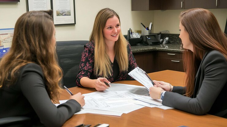 PSD trois femmes d'affaires collaborent sur des documents à une table de réunion