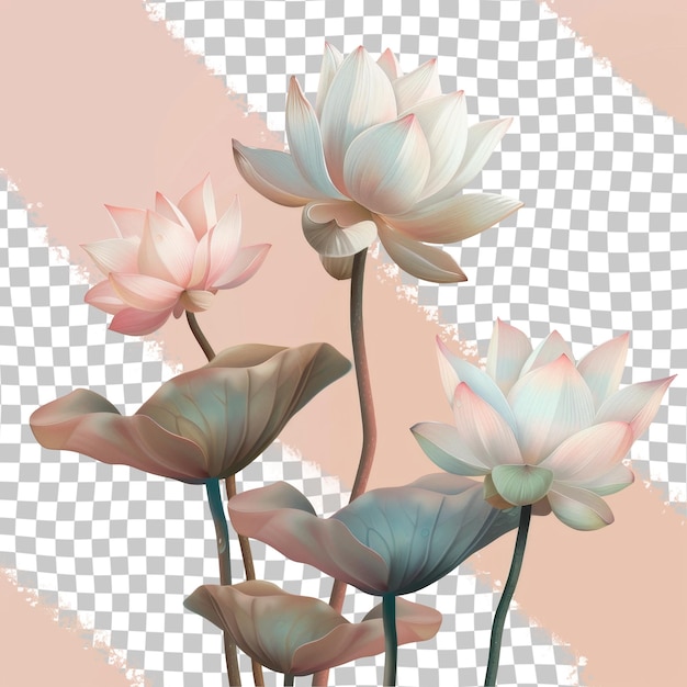 PSD trois fleurs roses avec les mots lotus sur un fond blanc