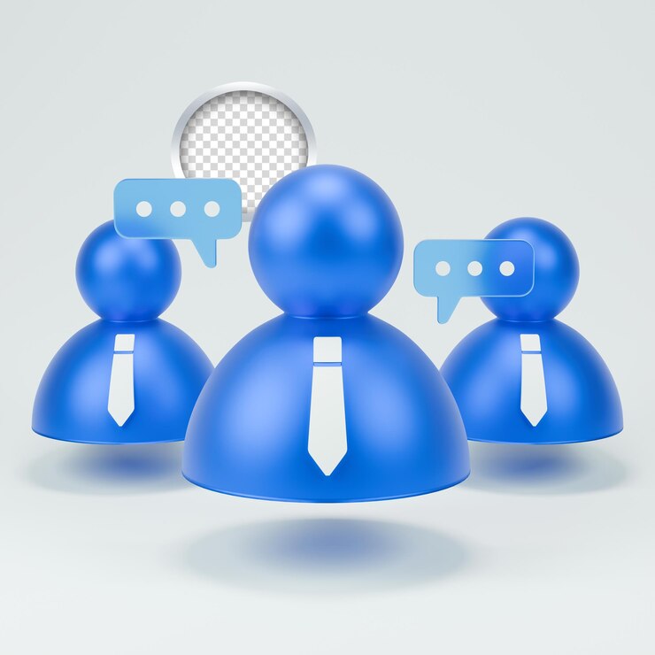 PSD trois hommes bleus chatbot icône avec l'envoi de message et ils portent une cravate