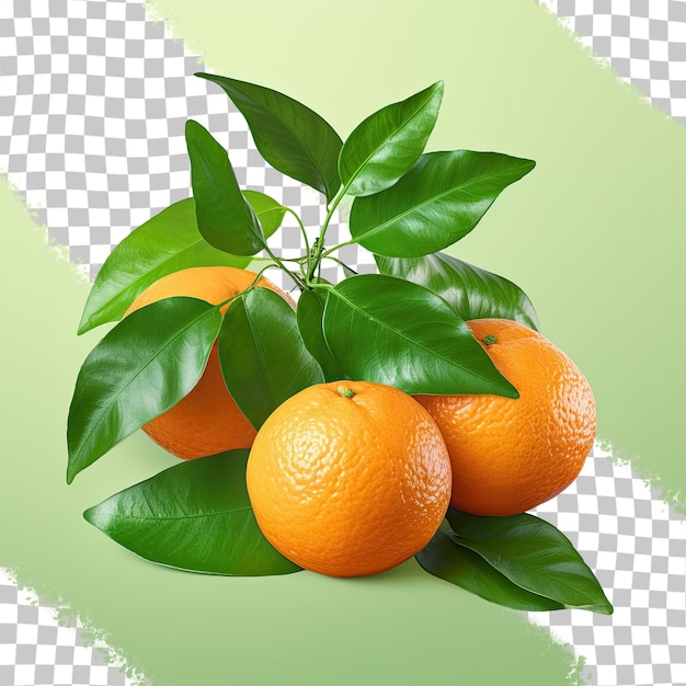 PSD trois mandarines ou clémentines à feuilles vertes sur un fond transparent