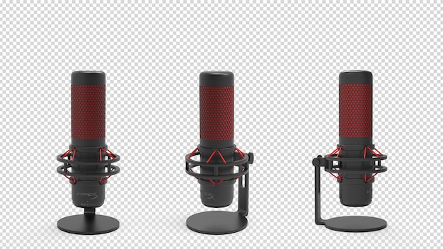 Trois microphones avec un haut-parleur rouge sur fond transparent.