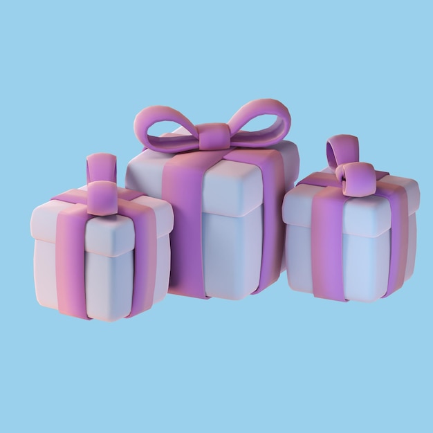 Trois petits coffrets cadeaux avec un nœud rayé violet et blanc.