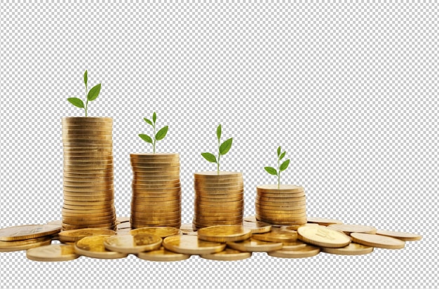 Trois piles de pièces d'or concept de croissance de l'argent démontre le progrès financier