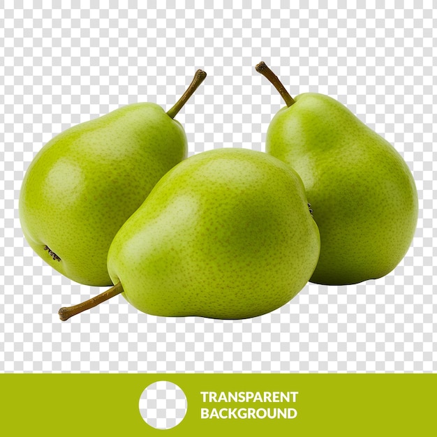 Trois poires vertes avec des tiges sur un fond transparent