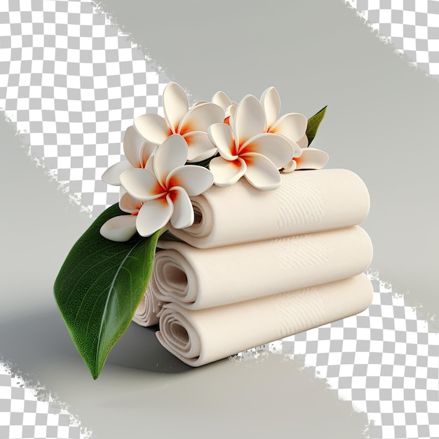 PSD trois serviettes roulées sur une serviette noire affichant des fleurs de frangipanier