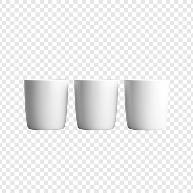 PSD trois tasses blanches vides sur un fond transparent