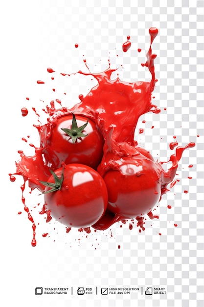 Trois tomates avec une touche de liquide sur un fond transparent