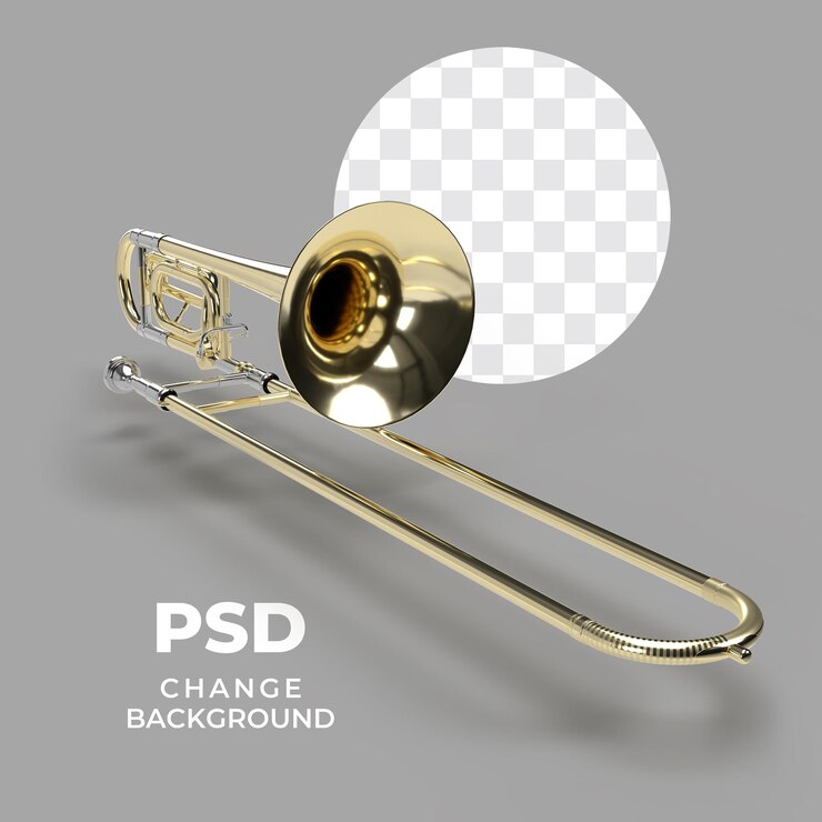 PSD trombone dorato lucido isolato su uno sfondo trasparente