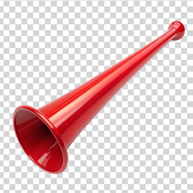Trompeta roja para hacer ruido de fiesta con papel de aluminio aislado en fondo transparente
