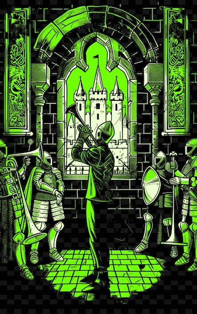 PSD trompetista en un castillo medieval con armaduras y cintas ilustración diseños de carteles de música
