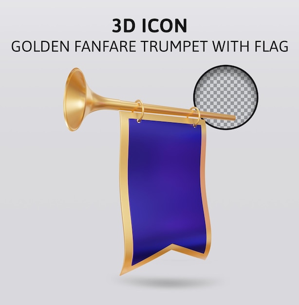 PSD trompette de fanfare dorée avec illustration de rendu 3d du drapeau