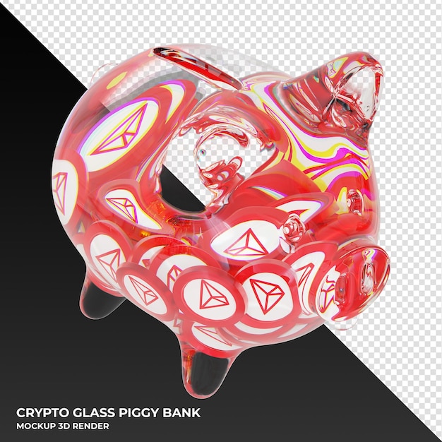 PSD tron trx sparschwein aus glas mit kryptomünzen 3d-darstellung