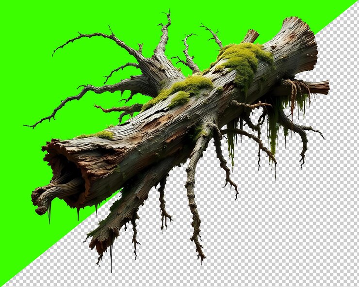 PSD tronco de árbol cubierto de musgo con viñas y ramas colgantes transparente b0 ai generado